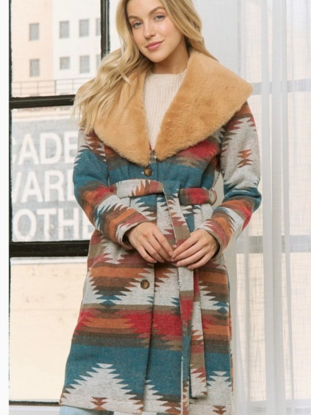 Aztec Jacket Shacket with Contrast Fur Showl Collar - Picture 13 of 13